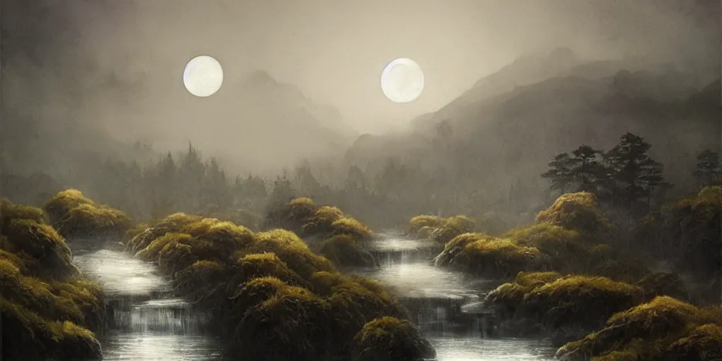 Prompt: a beautiful water color and ink painting of a large landscape, with a chinese temple, streams and rocks, moon disc, stars in the sky, at dawn, emerging sun and hills on the horizon some light fog by lee madgwick and wlop, trending on artstation, more dark purple color scheme, cinematic lights, fireflies