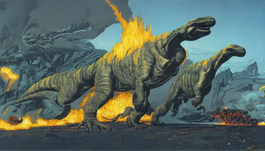 Image similar to the impact that destroyed the dinosaurs by syd mead and moebius, hyperrealistic, dinosaurs scorched