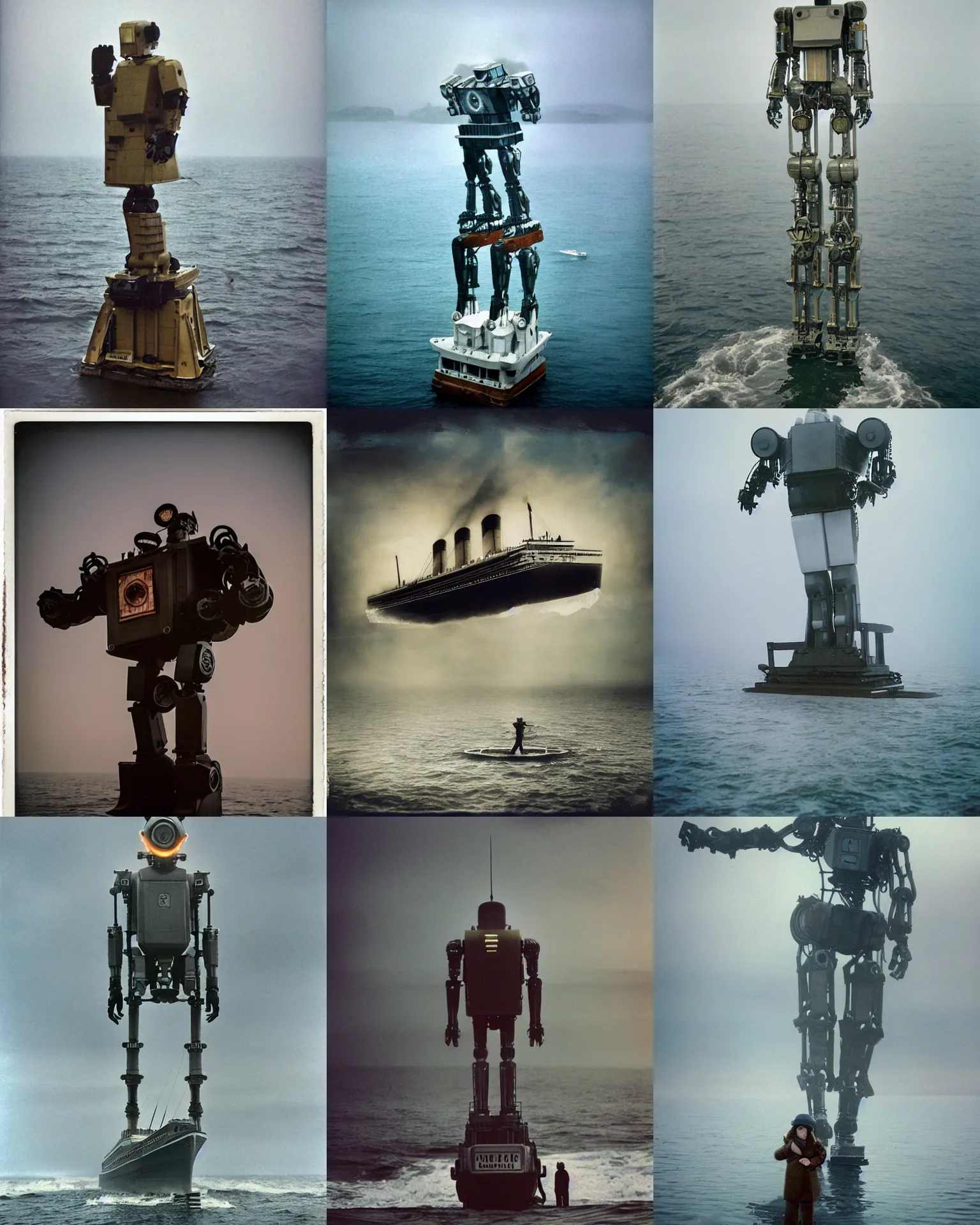 Prompt: giant oversized titanic robot mech standing on ocean , Cinematic focus, Polaroid photo, vintage, neutral colors, soft lights, foggy, by Steve Hanks, by Serov Valentin, by lisa yuskavage, by Andrei Tarkovsky