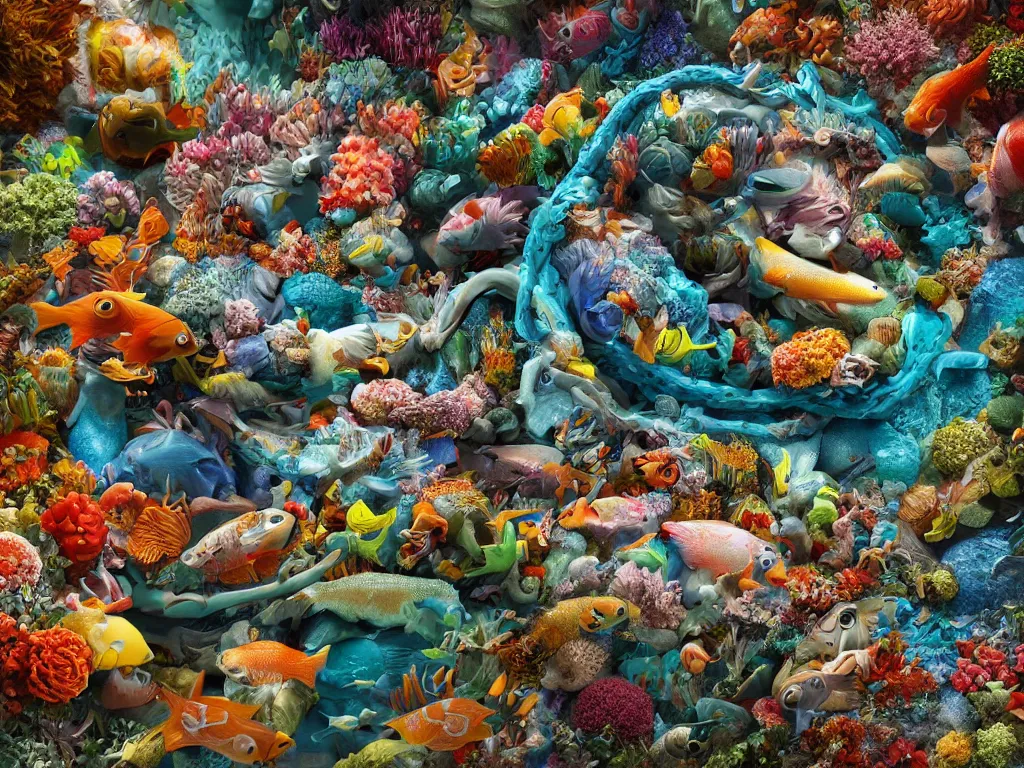 Image similar to a sculpture of fish ocean intertwined, a lovely cornucopia of flowers and human body parts, body parts, highly detailed, octane render, cinematic, shock, sharp focus, cycle