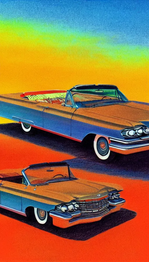 Image similar to far away, top down shot, 1 9 6 3 cadillac convertible driving down empty highway into a bright orange sunrise, oil pastel, high detail, realistic, vintage, sepia