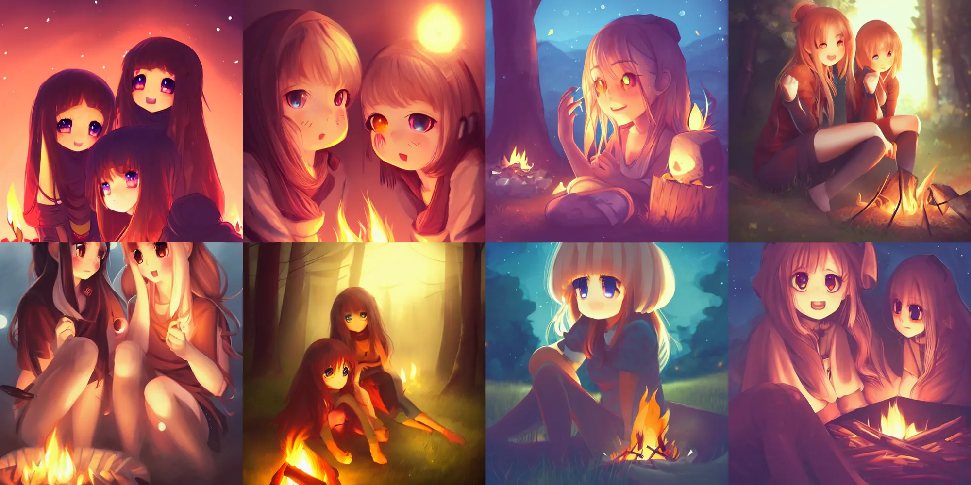 Prompt: cute girls with detailed eyes sitting around campfire at night, full faces, anime, fantastic details, trending on artstation, pixiv, illustration, digital art, concept art, manga cover