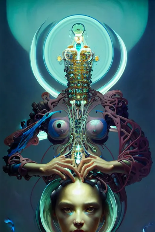 Image similar to portrait, biomechanical bioluminescent creature, cyberpunk, elegant baroque, asymmetrical art, hyperrealism, colorful, vivid, imposing, epic, digital painting, artstation, concept art, by peter mohrbacher and wlop and rhads and artgerm and magali villeneuve and alphonse mucha