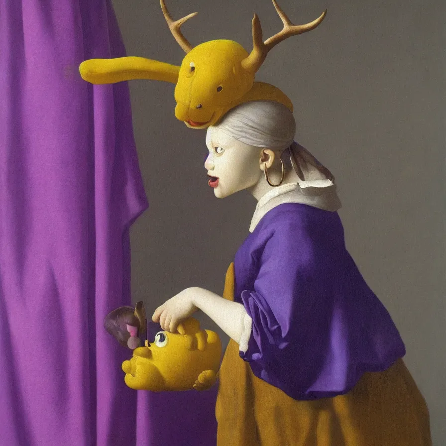 Image similar to rare hyper realistic portrait painting by vermeer, studio lighting, brightly lit purple room, a blue rubber ducky with antlers laughing at a giant crying rabbit with a clown mask