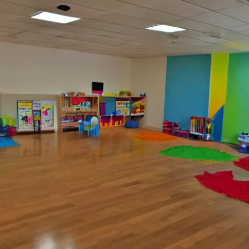 Prompt: childrens daycare indoors no windows limital space, not well lit, creepy photo