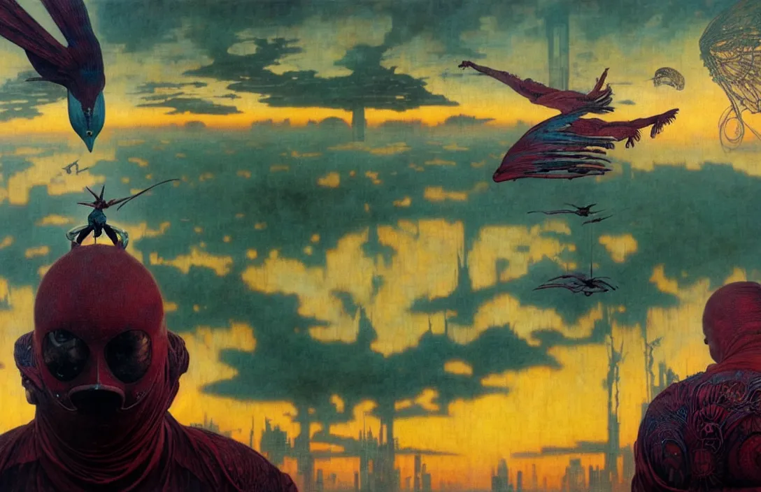 Prompt: realistic detailed portrait movie shot of a birdman flying in dark ragged robes, futuristic city sunset landscape background by denis villeneuve, amano, yves tanguy, alphonse mucha, ernst haeckel, max ernst, wayne barlowe, masterpiece, rich moody colours, bird head, blue eyes, hyperdetailed