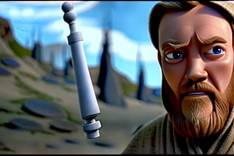 Image similar to obi wan kenobi, screenshot in a typical pixar movie, josh black