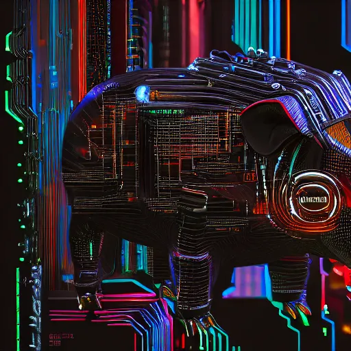 Image similar to a portrait photograph of a big aggressive male cyberpunk pig, circuit boards, motherboard, mainboard, wires, cable management, electrical wires, activity lights, cyberpunk, artstation, detail, hyperrealistic, digital photograph, natural light canon eos c 3 0 0, ƒ 1. 8, 3 5 mm, 8 k