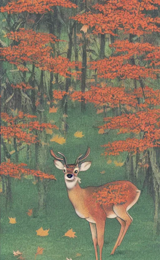 Prompt: by akio watanabe, manga art, a deer is jumping around in maple forest, fall season, trading card front