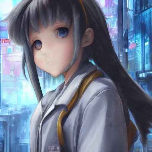 Image similar to dynamic composition, motion, ultra-detailed, incredibly detailed, a lot of details, amazing fine details and brush strokes, colorful and grayish palette, smooth, HD semirealistic anime CG concept art digital painting, watercolor oil painting of Clean and detailed post-cyberpunk sci-fi close-up schoolgirl in asian city in style of cytus and deemo, blue flame, relaxing, calm and mysterious vibes,, by a Chinese artist at ArtStation, by Huang Guangjian, Fenghua Zhong, Ruan Jia, Xin Jin and Wei Chang. Realistic artwork of a Chinese videogame, gradients, gentle an harmonic grayish colors. set in half-life 2, Matrix, GITS, Blade Runner, Neotokyo Source, Syndicate(2012), dynamic composition, beautiful with eerie vibes, very inspirational, very stylish, with gradients, surrealistic, dystopia, postapocalyptic vibes, depth of field, mist, rich cinematic atmosphere, perfect digital art, mystical journey in strange world