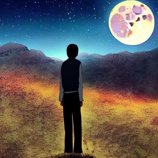 Prompt: a perfect being standing in front of the moon on the mountainside anime beautiful