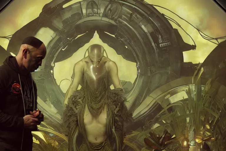 Image similar to joe rogan interviewing an alien, octane render, by greg rutkowski, alphonse mucha, artgerm