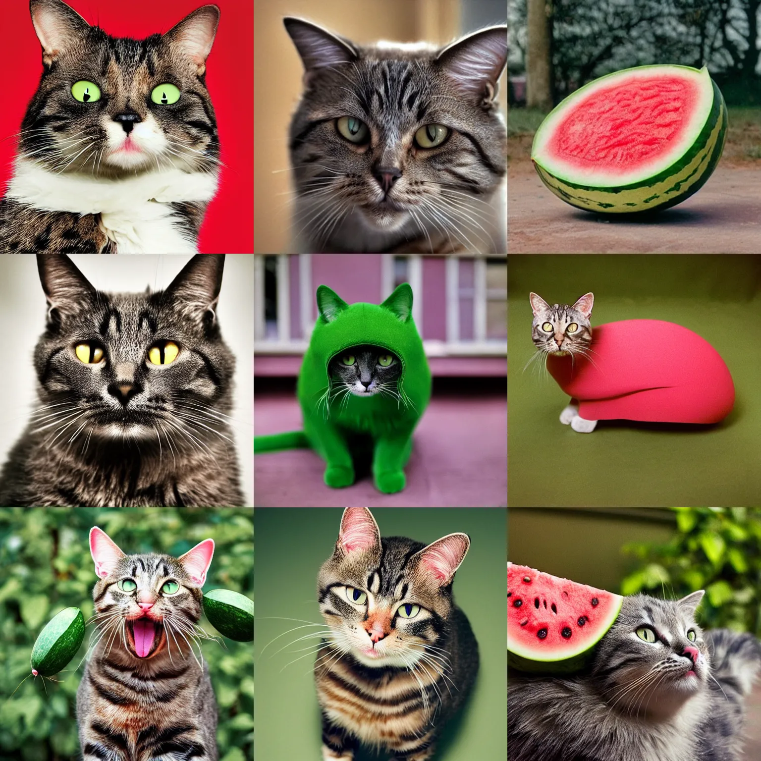 Prompt: photograph of a cat that looks like a watermelon taken by wes anderson