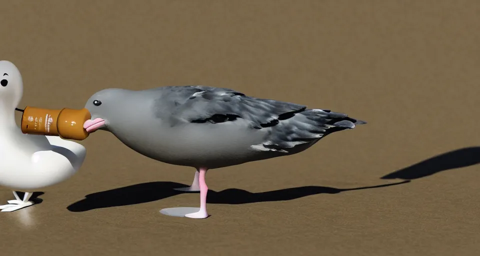 Prompt: seagull drinking a bottle of soy sauce, clay animation, highly detailed