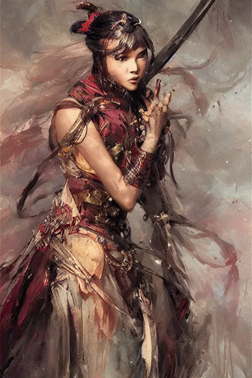 Image similar to wuxia, attractive female warrior, character design, colorful, painting by gaston bussiere, craig mullins, greg rutkowski, j. c. leyendecker