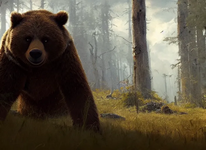 Prompt: close up cinematic artwork of yogi the bear staring down the enemy on the battlefield by Greg Rutkowski, 4k, masterpiece