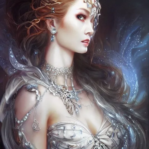 Image similar to a beautiful woman wearing a white dress made of silver with jewelry and diamonds by karol bak, ayami kojima, artgerm, sakimichan, arabian beauty, blue eyes, smile, concept art, fantasy