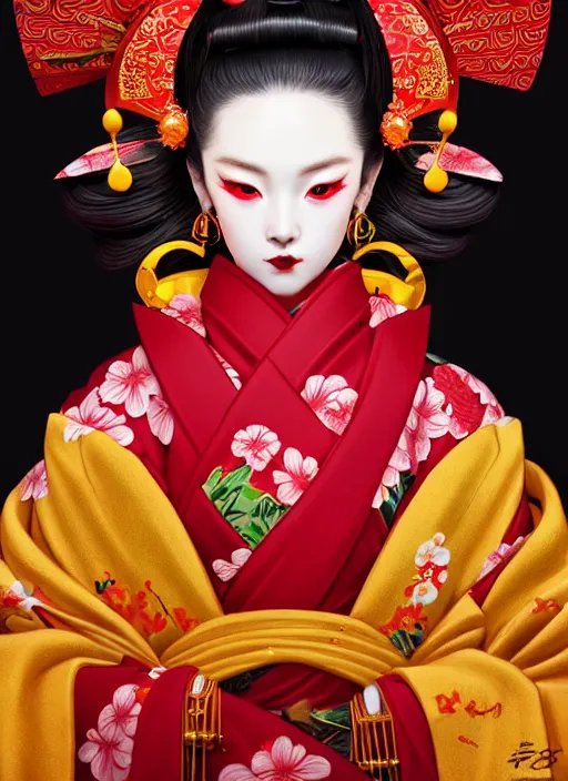 Image similar to dreamlike luxury stunning oiran portrait, red and gold kimono, art by artgerm, wlop, loish, ilya kuvshinov, 8 k realistic, hyperdetailed, beautiful lighting, detailed background, depth of field, symmetrical face, frostbite 3 engine, cryengine,