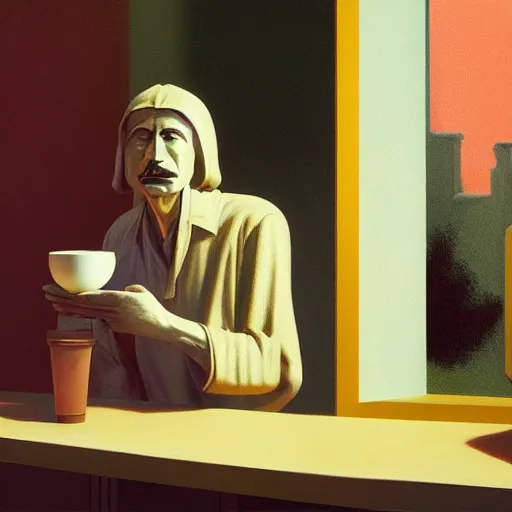 Image similar to Jesus Christ drinking coffee at a Starbucks, Masterpiece, Edward Hopper and James Gilleard, Zdzislaw Beksinski, Mark Ryden, Wolfgang Lettl, hints of Yayoi Kasuma, octane render, 8k.