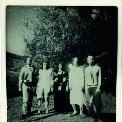 Image similar to really old polaroid photograph of horrorific extraterrestrial beings visiting earth,