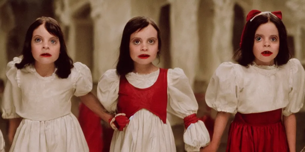 Image similar to a still from Snow White of the twins from The Shining, overlook hotel