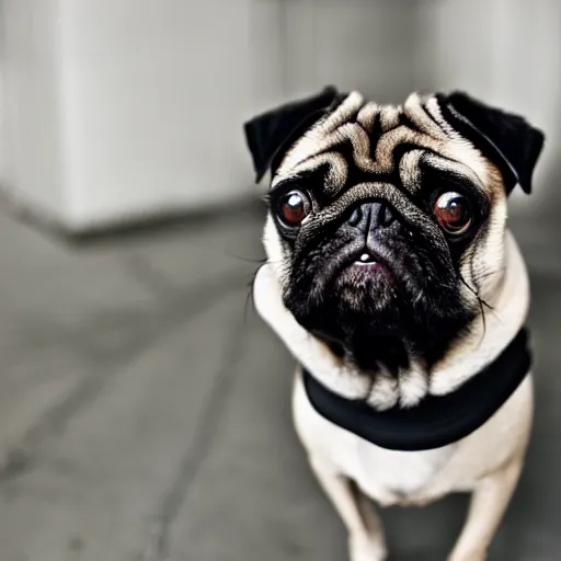 Prompt: portrait of a pug as a rick owens model, darkwear, techwear, goth pug, photo