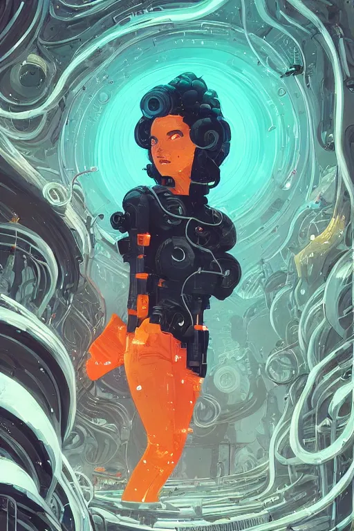 Prompt: a fancy portrait of sci - fi long curly blue haired lady, stray wiring by atey ghailan, james gilleard, by joe fenton, by greg rutkowski, by greg tocchini, by kaethe butcher, 4 k resolution, gradient red, orange, black and white color scheme!!! ( ( nebula dystopian city spiral background ) )