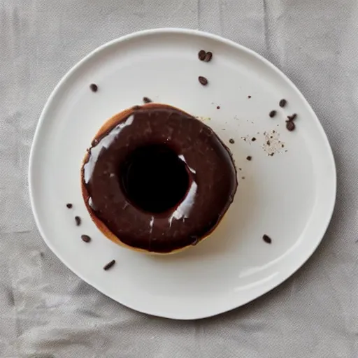 Prompt: beautiful hazelnut donut with chocolate glazing, on a cute plate with a cup of coffee