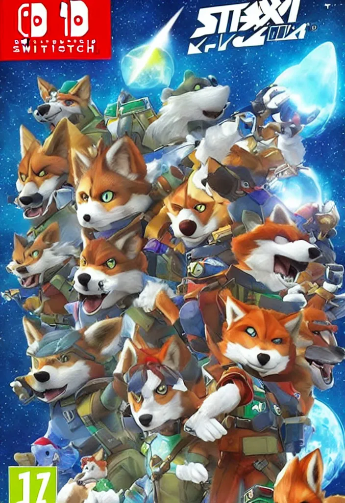 Image similar to nintendo switch box cover of a new starfox spinoff action game featuring anthro fursona furry wolf o'donnell and his space cadet crew, rated t for teen