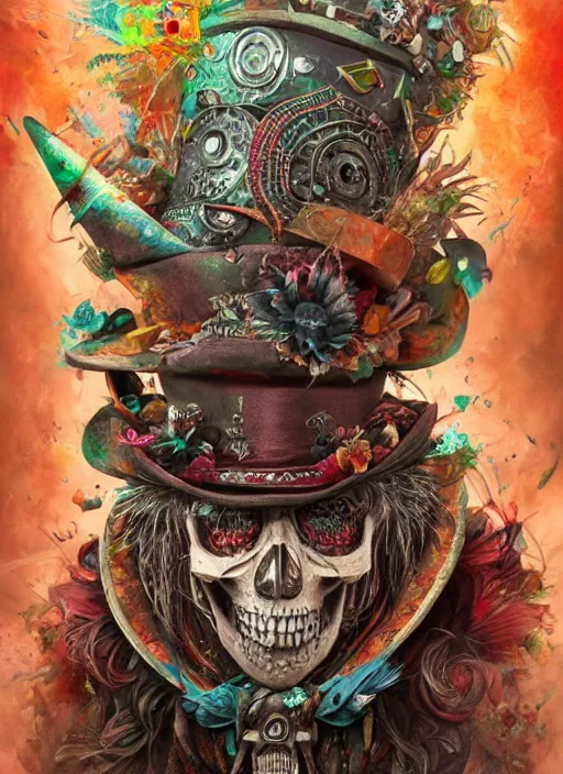 Image similar to mad hatter, aztec god, skull, highly detailed, cinematic, 8 k, by megan duncanson, benjamin lacombe, adrian borda, stanley artgermm, tom bagshaw, craig mullins, carne griffiths, ayami kojima, beksinski, giger, trending on deviantart, hyper detailed, horror, full of colour