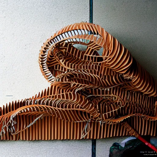 Image similar to tentacles made of brown corrugated cardboard, cut out of cardboard, realistic photography, fantasy