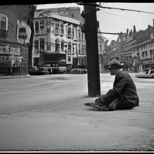 Image similar to a gentlemen sitting in the middle of the street award winning photograph 1950