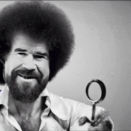 Prompt: Bob Ross showing off his nunchuck skills, action photography