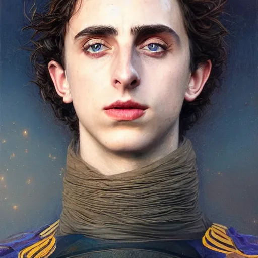 Prompt: timothee chalamet as a character in dune, closeup portrait art by donato giancola and greg rutkowski, realistic face, digital art, trending on artstation, symmetry!!