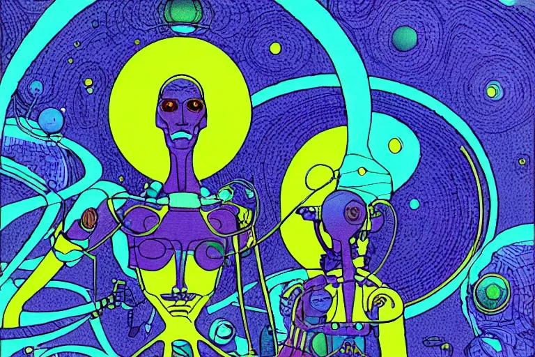 Prompt: a scifi illustration of a psychedelic cyborg flat colors, limited palette in FANTASTIC PLANET La planète sauvage animation by René Laloux