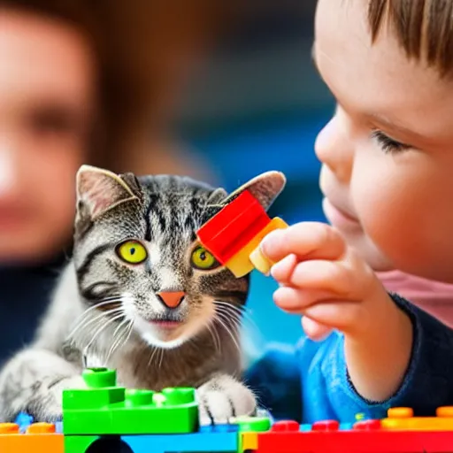 Image similar to a cat and a kid playing with Lego