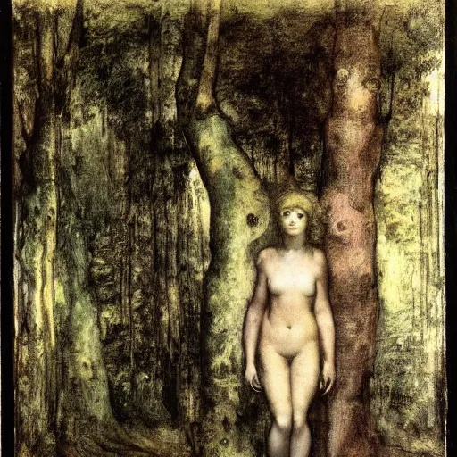 Image similar to a dark forest, daguerreotype by pontormo, by gustave moreau, by Mackintosh, by schiele, art noveau, highly detailed, strong lights, liminal, eerie, Bright pastel colors