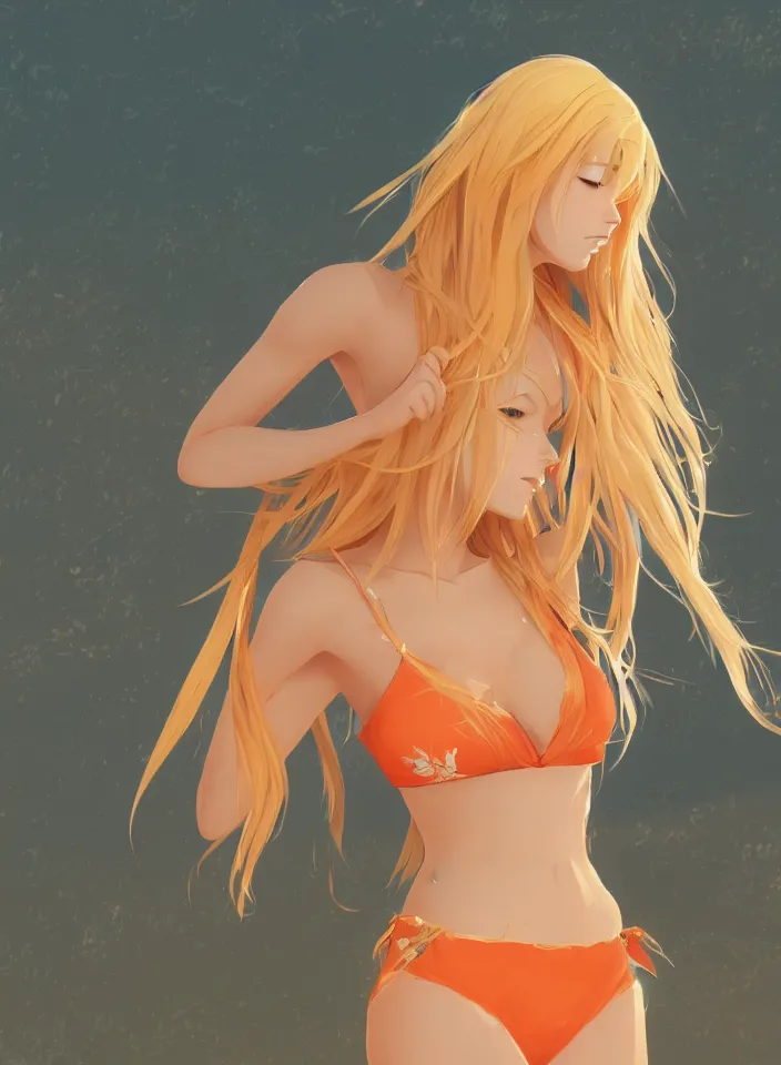 Image similar to beautiful blond woman in orange tribal bikini, long blond hair behind the ear, by makoto shinkai, ross tran, 8 k, high resolution render, cinematic color grading, clean lineart and flat color,