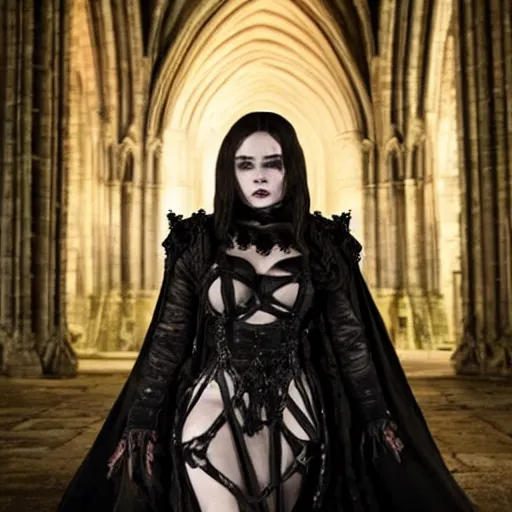 Image similar to emilia clarke as a goth temptress in a gloomy gothic cathedral at night