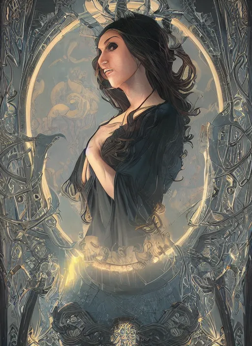 Image similar to book frontcover, side portrait, dark witch with black hood and evil eyes, realism, soft, smooth, luminescent, art nouveau tarot, backlit glow, colorful swirly ripples, gaudy colors, aesthetic octane render, unreal engine, 8 k, by artgerm, greg rutkowski, alphonse mucha