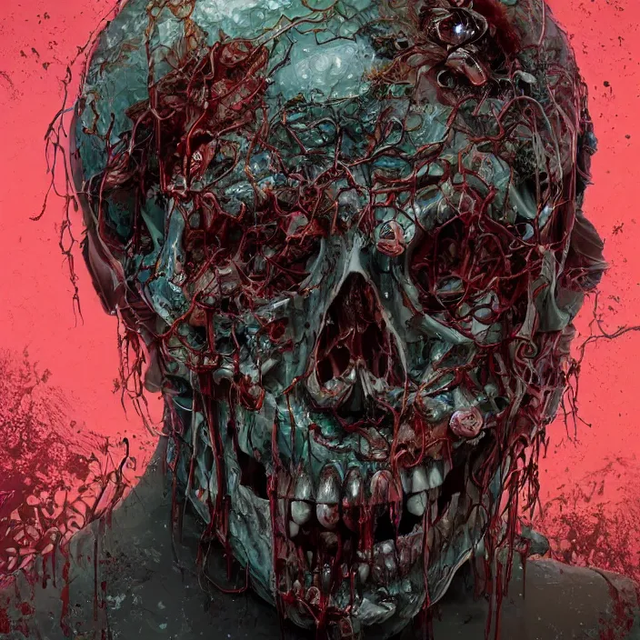 Prompt: portrait of a melting skull. wearing a headdress. infected with zombie fungus. intricate abstract. intricate artwork. nightmare fuel. by Tooth Wu, wlop, beeple, dan mumford. octane render, trending on artstation, greg rutkowski very coherent symmetrical artwork. cinematic, hyper realism, high detail, octane render, 8k, iridescent accents