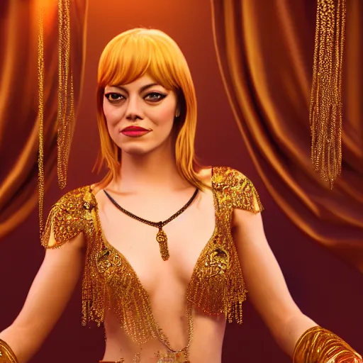 Prompt: full body portrait of emma stone, she is dressed as a belly dancer,, arabian night, in focus sharp face with fine details, a human hand in a video game, volumetric lightening, octane render, high quality, fully detailed, 4 k, alphonse mucha, masterpiece, stunning