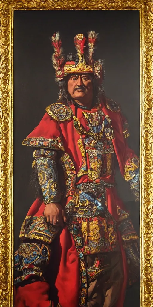 Image similar to Highly detailed and cinematic Renaissance period portrait oil painting of the Aztec emperor Montezuma!! an oil painting ((masterpiece)) by ((Josep Tapiró Baró)), dynamic lighting, 8K, Aztec!!