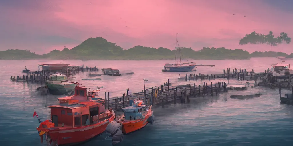 Image similar to pulau indah jetty, boat in foreground, fishing town in background, early morning, detailed matte painting, low angle view, telephoto lens, bokeh, studio ghibli, artstation