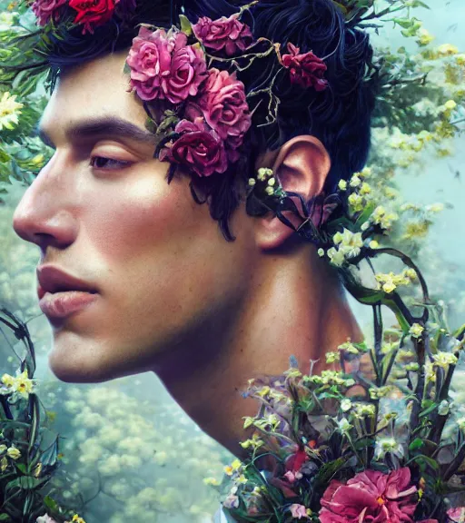 Image similar to portrait of a peruvian male model, surrounded by flowers by karol bak, james jean, tom bagshaw, rococo, trending on artstation, cinematic lighting, hyper realism, octane render, 8 k, hyper detailed.