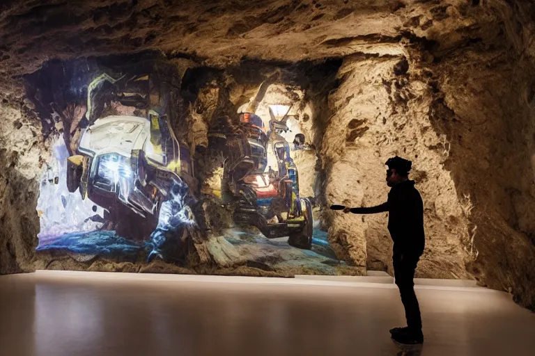 Image similar to a guy with a helmet explores an art gallery full of pictures, digital art, by dan mumford, by greg rutkowski, in a cave, volumetrics, octane render