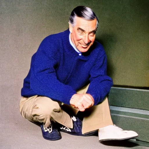 Image similar to fred rodgers, mr. rodgers neighborhood, blue sweater, putting on his shoes,