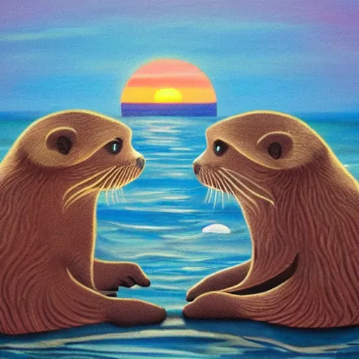 Image similar to otters holding hands into the sunset dream 8k award winning masterpiece