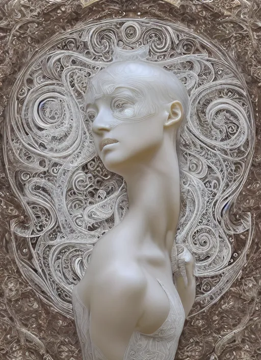 Prompt: romantic marble sculpture of beautiful woman, glistening, mandelbulb, masterpiece, rodin, michelangelo, hypercube, ivory carving, fractal paisley inlay, lace, intricate, elegant, highly detailed, gold inlay, metallic, ivory, artgerm, lace, by ruan jia and greg rutkowski