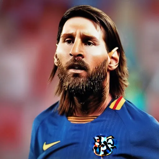 Image similar to Close-up portrait of Lionel Messi, long silver hair with a long beard, big nose, wearing a barca cape, katsuhiro tomo